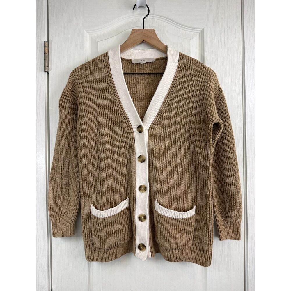 LOFT Petites MP Brown Cream Colorblock Cardigan Sweater Cotton Pockets